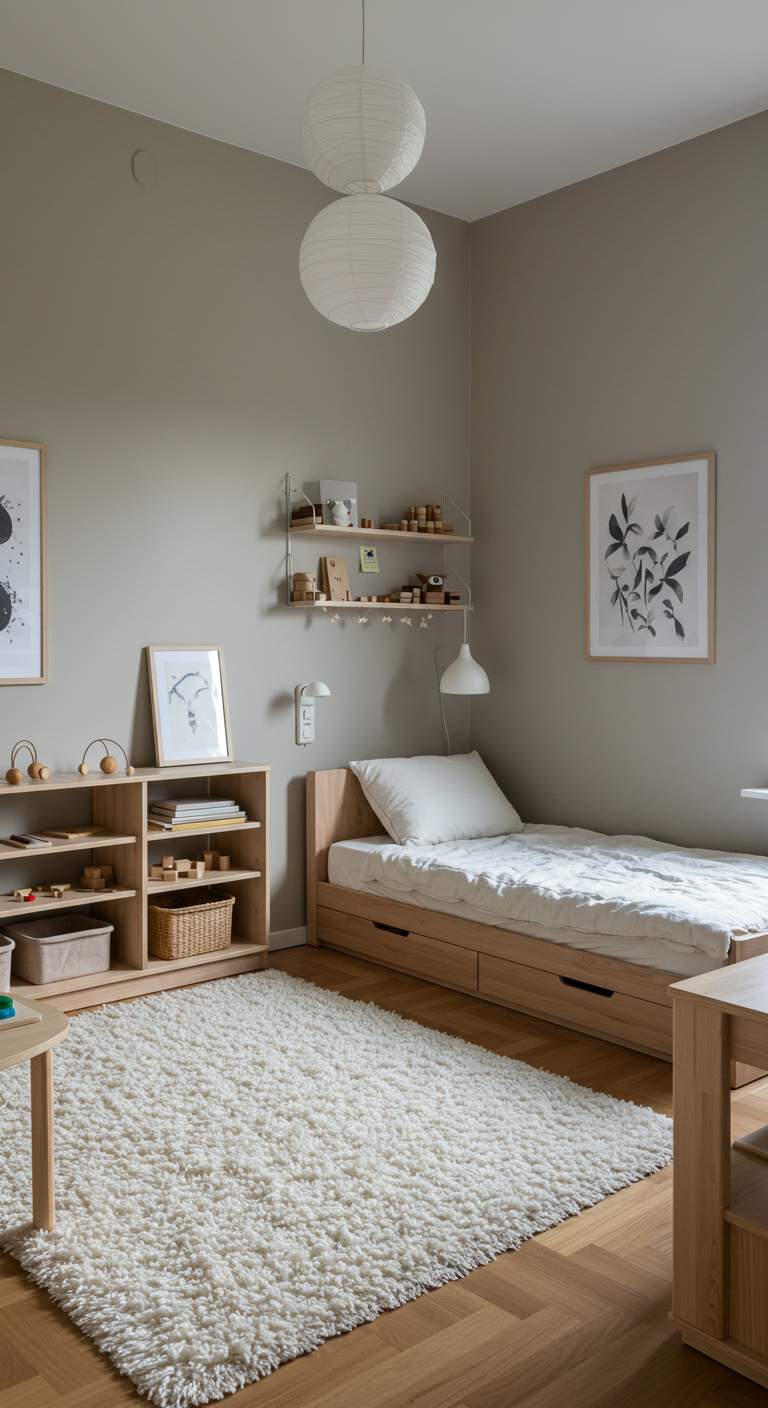 Kinderzimmer in Grautönen mit Holzbett, Stauraum und flauschigem Teppich.