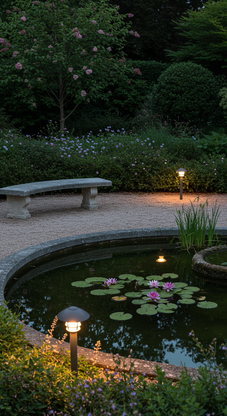 Gartenteich mit Seerosen und Steinbank, dezent beleuchtet durch Gartenlampen.