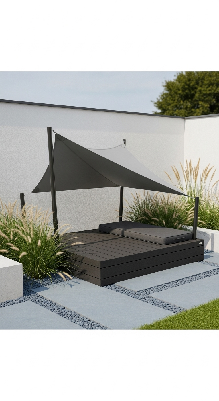 Modernes dunkles Holz-Daybed mit grauen Polstern und dreieckigem Sonnensegel auf einer Terrasse.