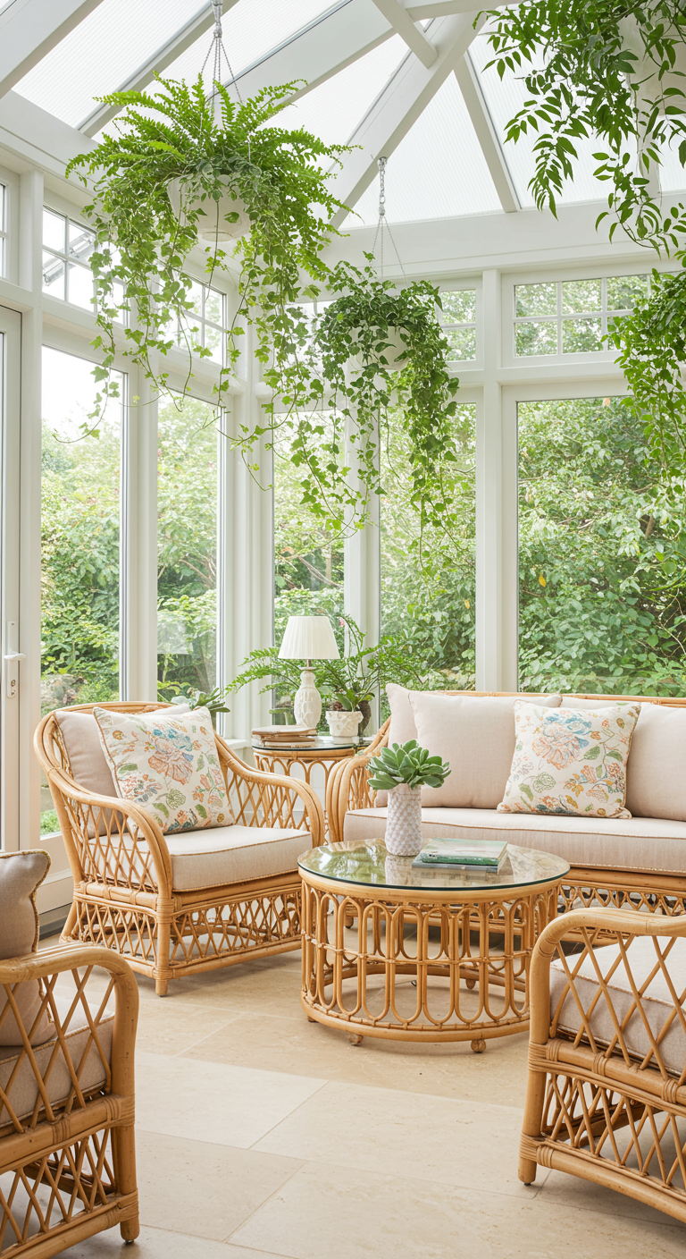 Heller Wintergarten mit geschwungenen Rattanmöbeln und vielen Hängepflanzen.