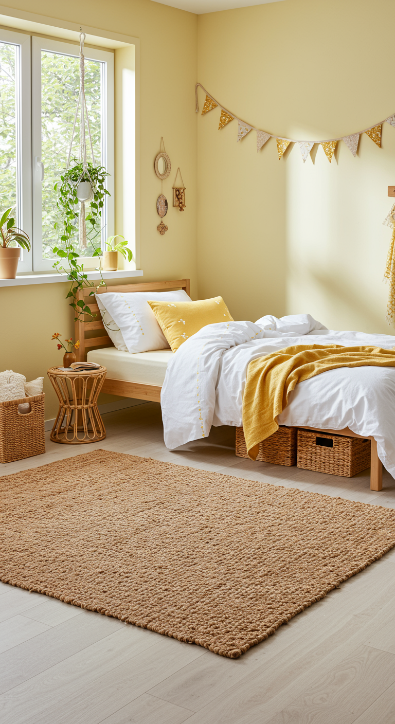 Helles Zimmer mit gelben Wänden, Holzbett mit gelb-weißer Bettwäsche und Jute-Teppich.