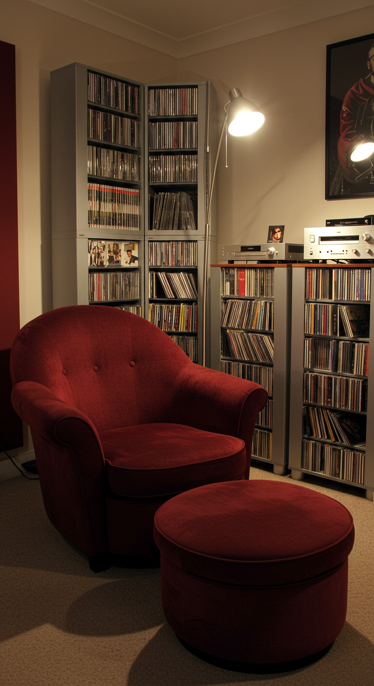 Wohnzimmer mit großen CD-Regalen, einem roten Sessel und einer Stehlampe.