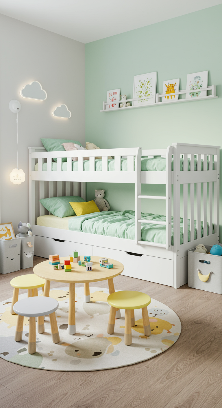 Helles Kinderzimmer mit weißem Etagenbett, kleinem runden Tisch und mintgrüner Wand.