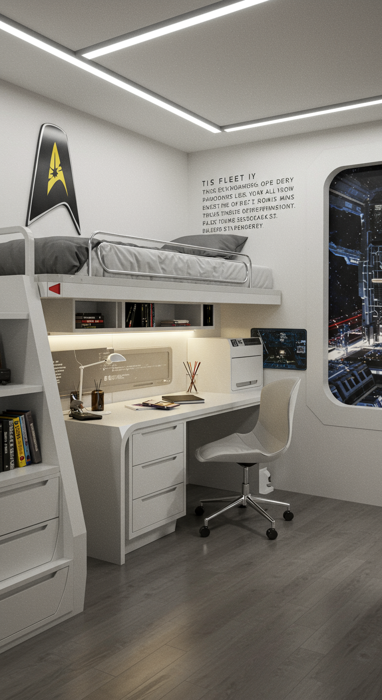 Modernes Jugendzimmer mit Hochbett, Schreibtisch und Star Trek Anspielungen.