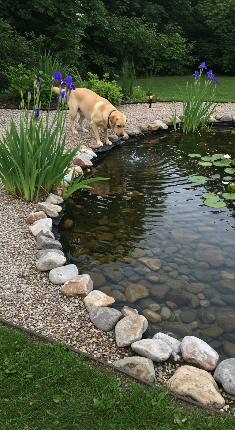 Labrador Hund trinkt Wasser aus Gartenteich mit Schwertlilien und Kieselsteinen