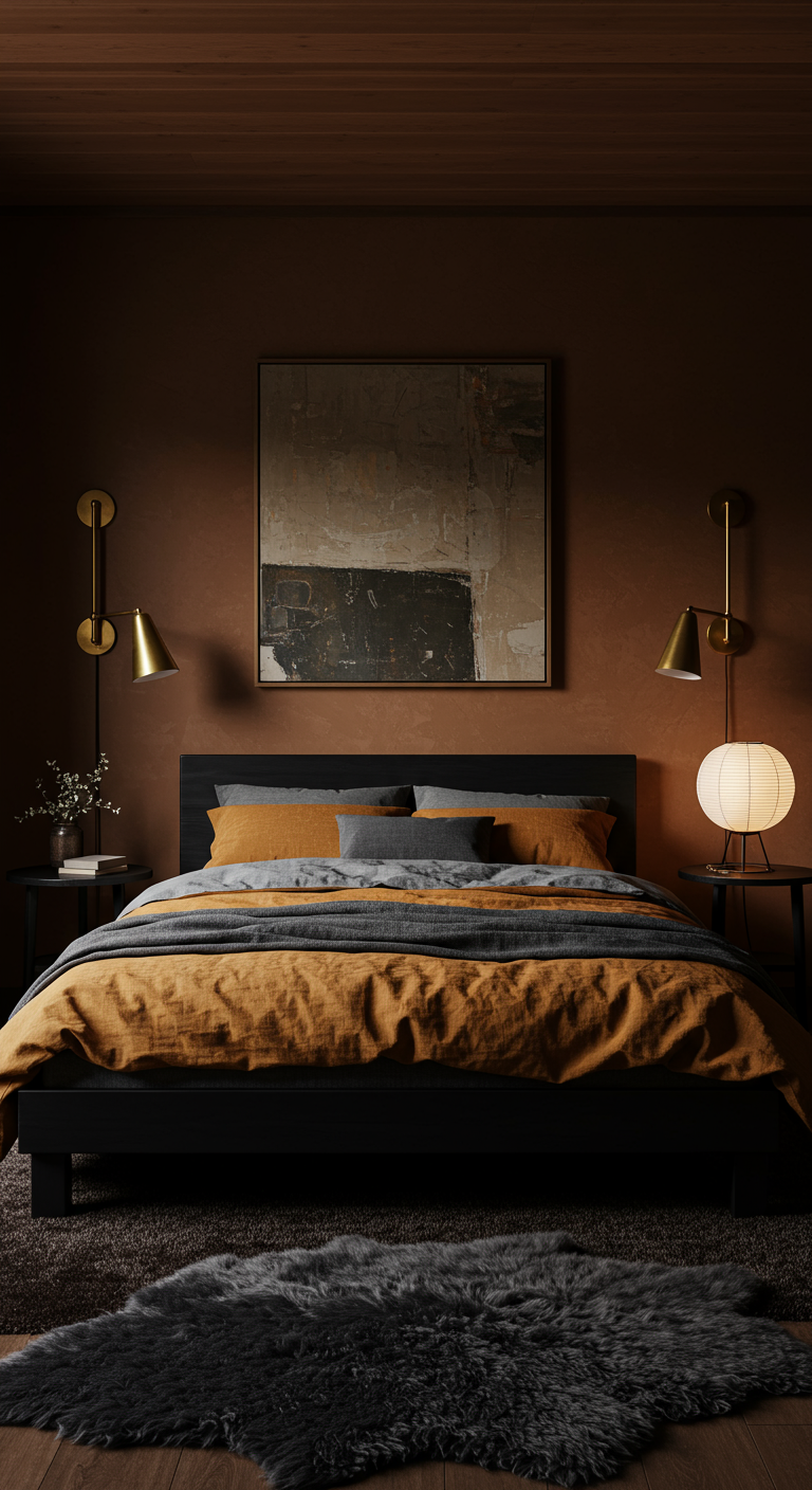Japandi-Schlafzimmer mit dunklen Wänden, senfgelber Bettwäsche und Kunst.