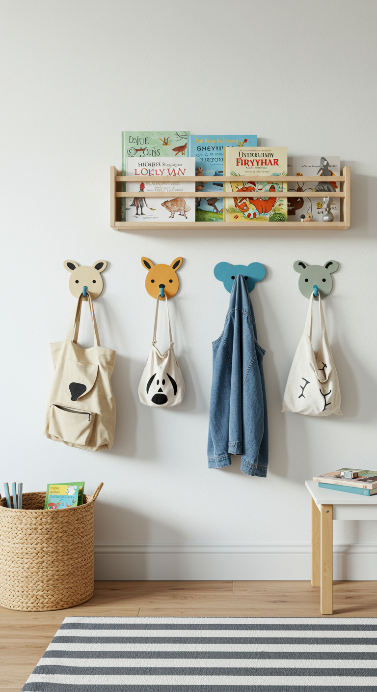 Wandhaken in Tierform und ein Bücherregal für Kinder an einer weißen Wand.