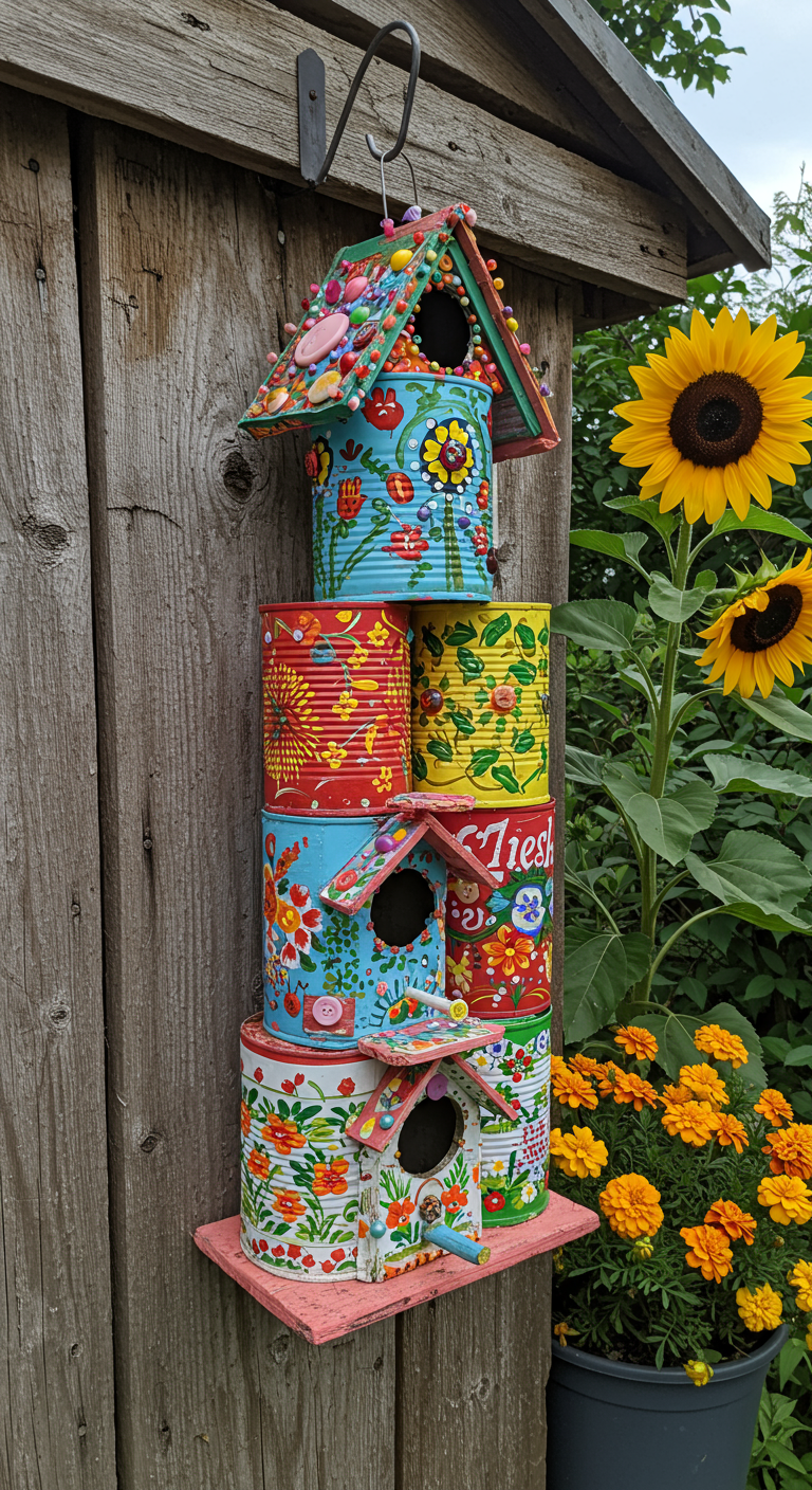 Vogelhaus aus gestapelten, bunten Blechdosen mit Blumenmustern und Verzierungen.