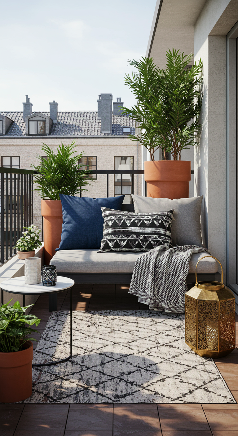 Moderner Stadtbalkon mit marokkanischen Akzenten und Pflanzen.