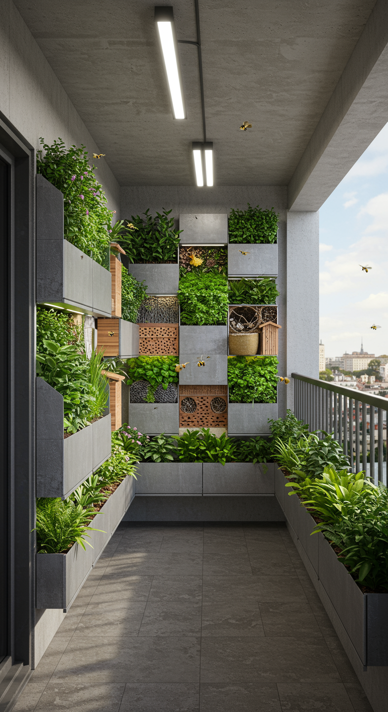 Schmaler Balkon mit vertikalen Beeten, integrierten Insektenhotels und schwirrenden Bienen.