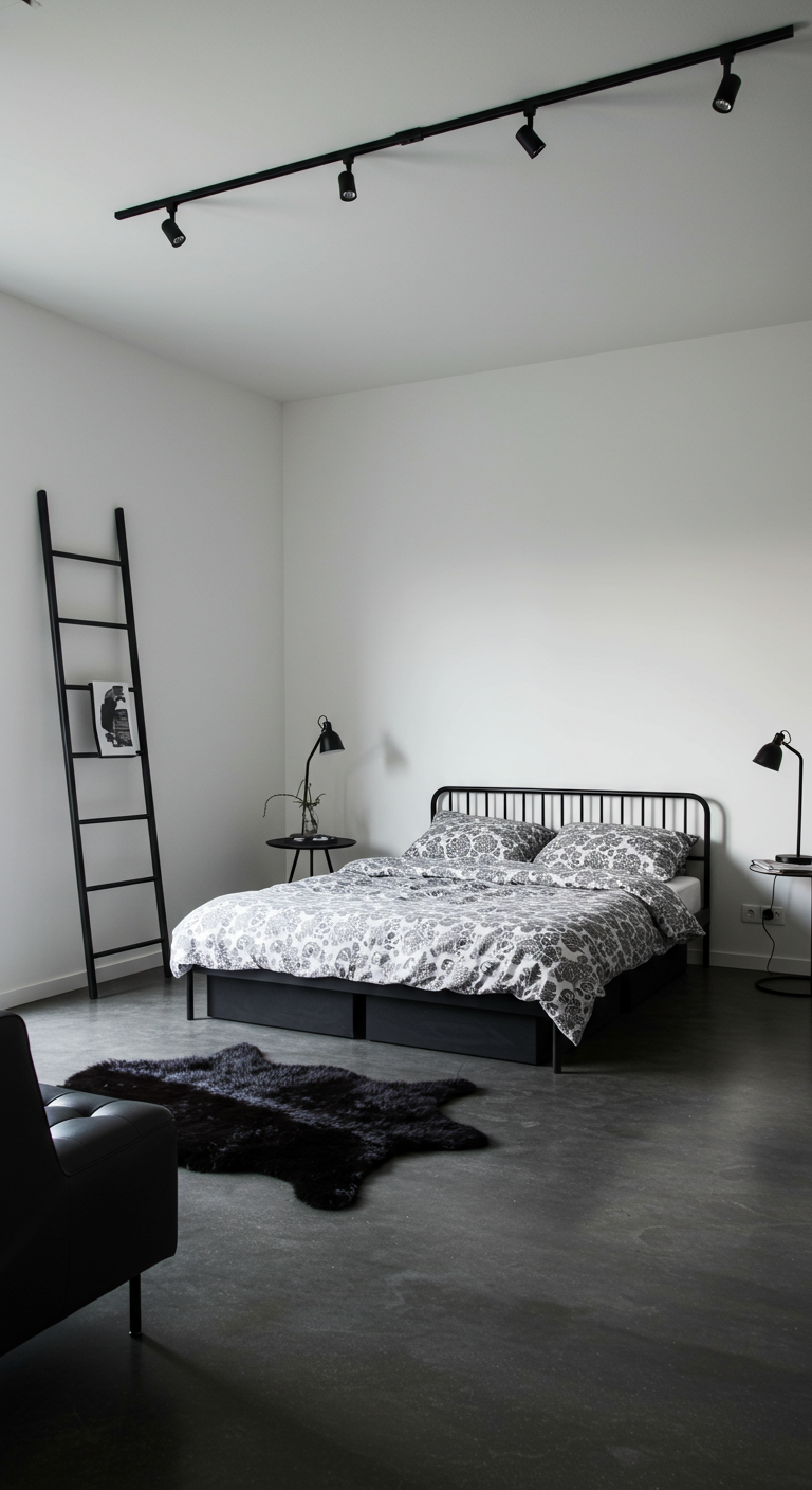 Minimalistisches Schlafzimmer mit schwarzem Metallbett und Dekoleiter.