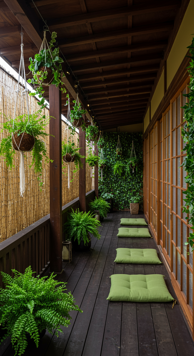 Überdachte japanische Veranda mit Holzboden, vielen Farnen und grünen Bodenkissen.