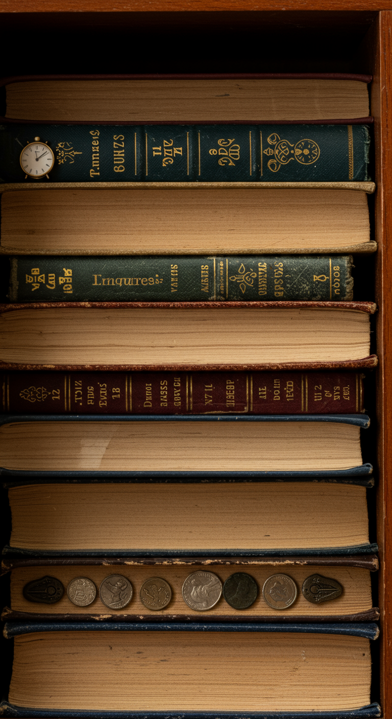 Nahaufnahme eines Bücherregals mit alten Büchern, Münzen und einer Taschenuhr.