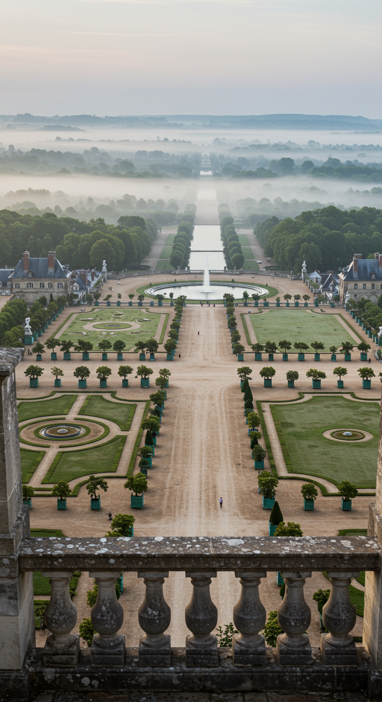 Luftaufnahme einer riesigen formalen Gartenanlage mit symmetrischer Hauptachse im Morgennebel.