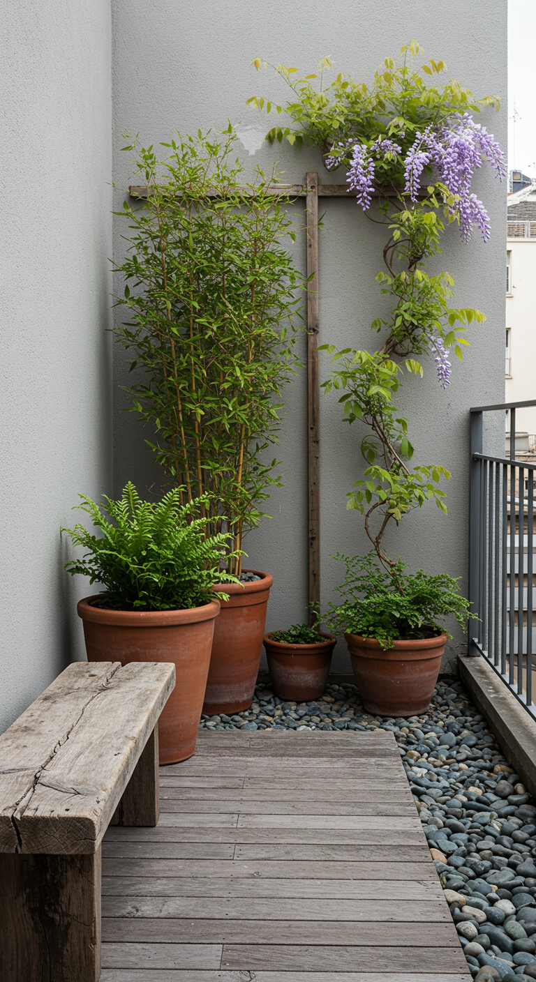 Rustikaler Balkon mit alter Holzbank, Terrakotta-Töpfen und kletternder Wisteria.