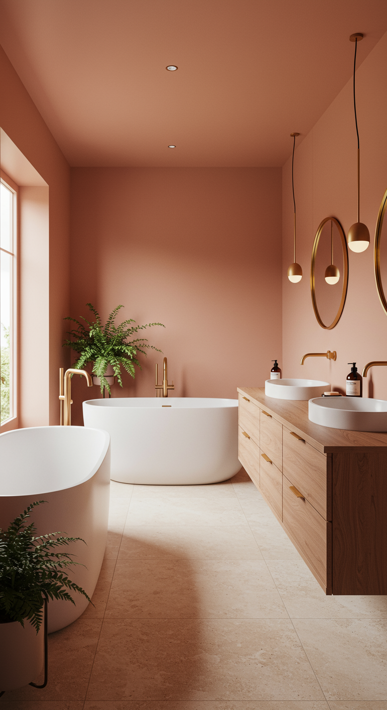 Geräumiges Bad in Terrakotta-Rosa mit zwei Wannen und Pflanzen.