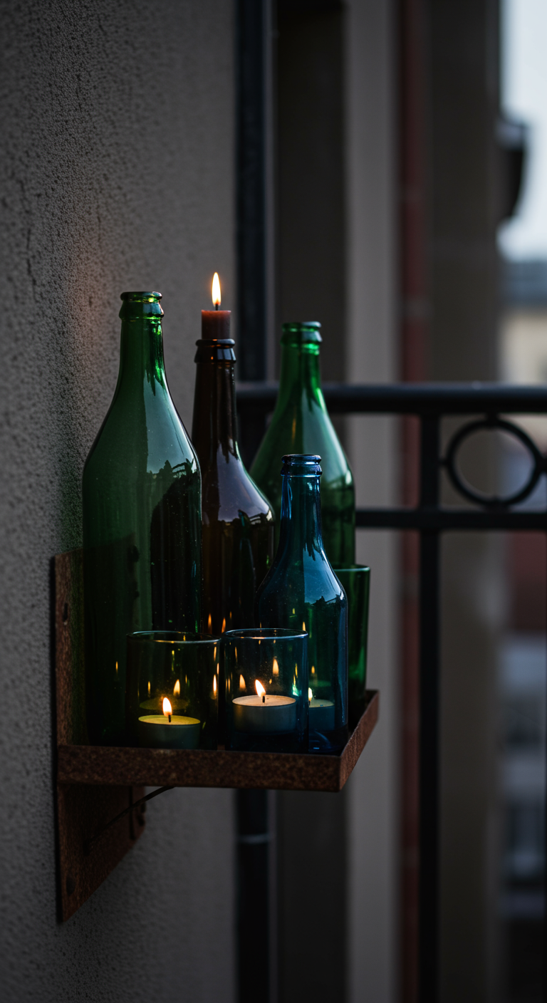 Gruppe von Windlichtern aus braunem und grünem Glas mit brennenden Kerzen auf Metalltablett.