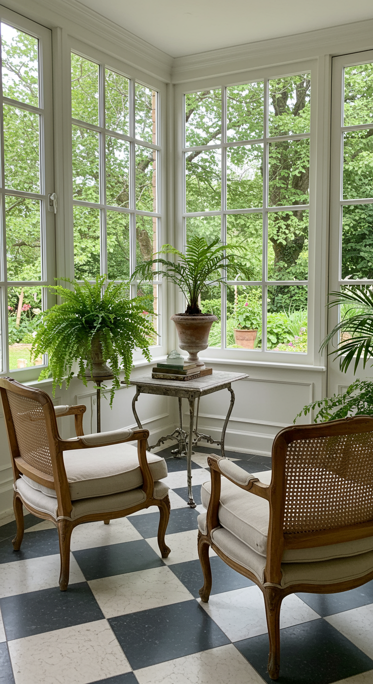 Elegante Stühle mit Wiener Geflecht und Marmortisch in hellem Wintergarten mit Karoboden.