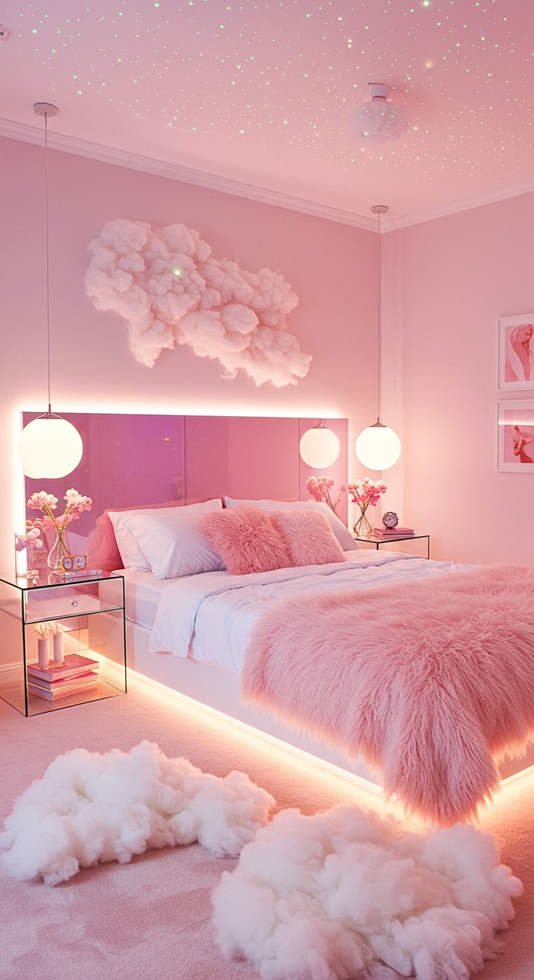 Traumhaftes rosa Schlafzimmer mit LED-Lichtern und Wolkendekoration.