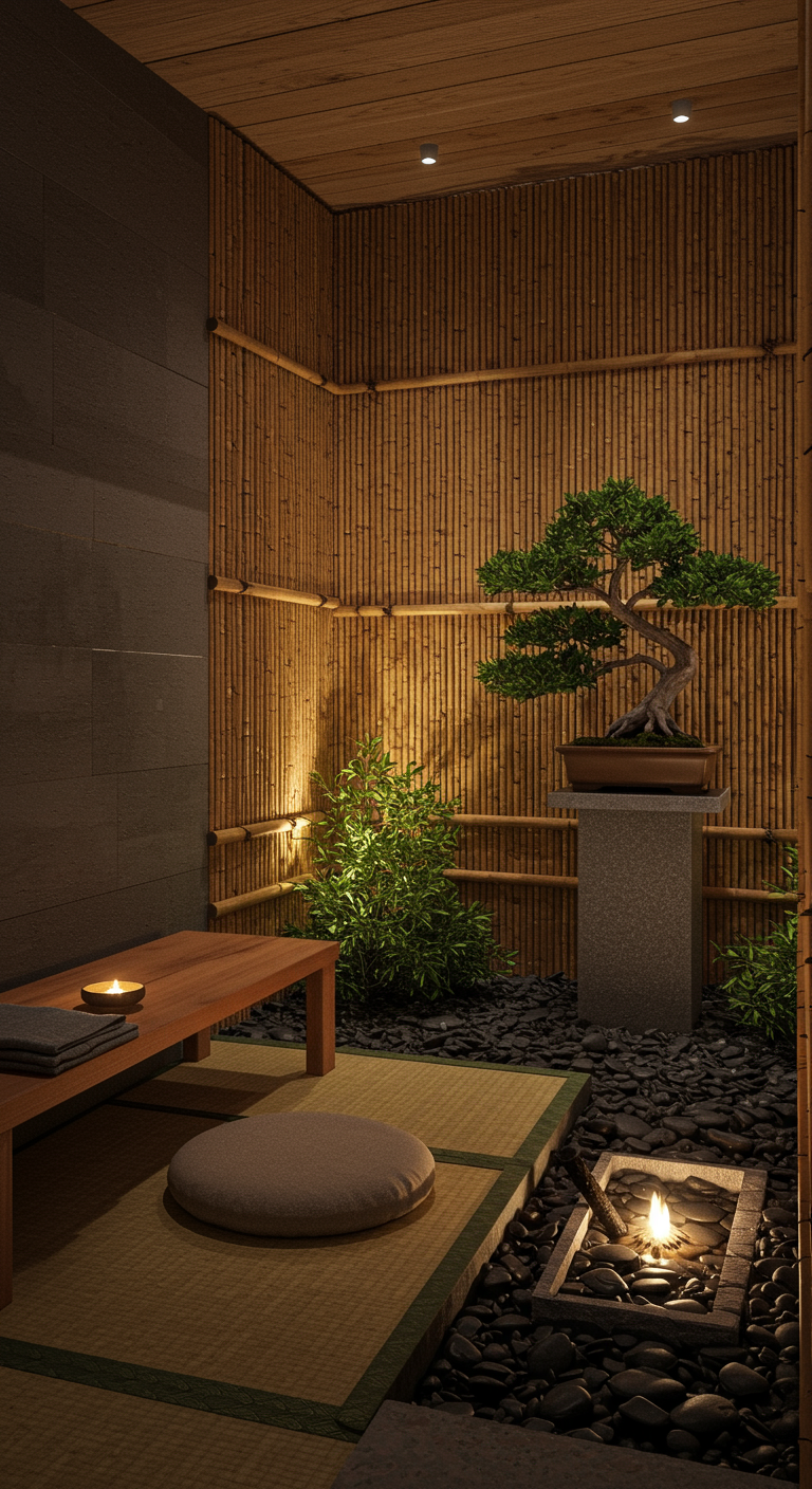 Japanisch inspirierter Balkon mit Bambuswänden, Bonsai und Tatami-Matten.