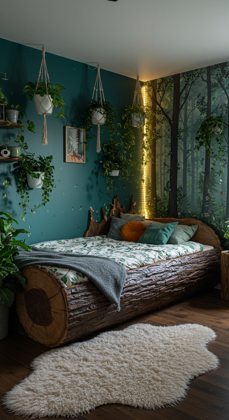 Schlafzimmer mit einem Bett, das wie ein Baumstamm gestaltet ist, vor petrolfarbener Wand.