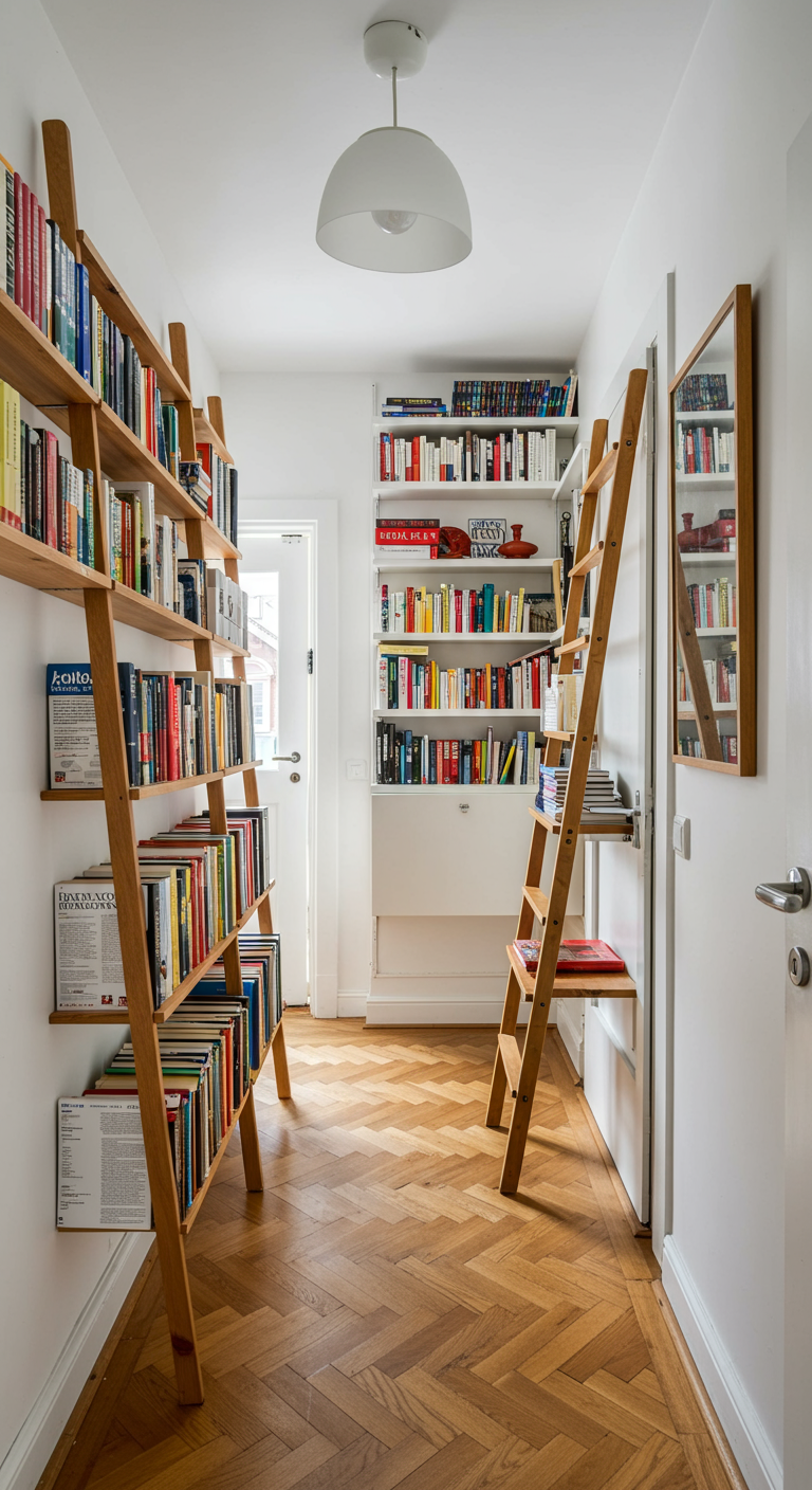 Offenes, helles Raumteiler-Regal zwischen Flur und Wohnbereich mit Büchern und Deko.