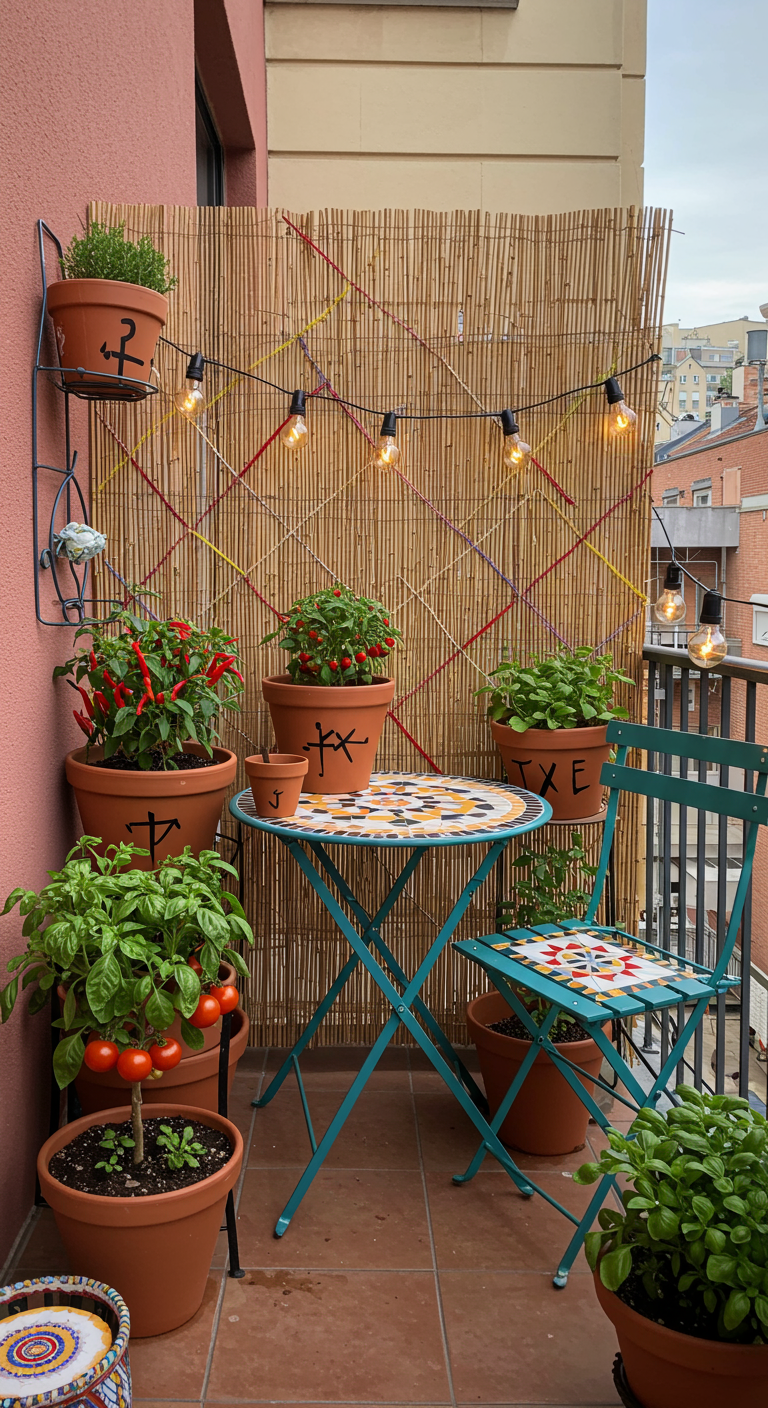Kleiner Balkon mit Terrakotta-Töpfen, Pflanzen, Klapptisch und Lichterkette.