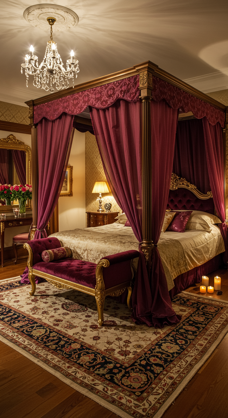 Opulentes Schlafzimmer mit purpurrotem Himmelbett, Goldakzenten und Kronleuchter.