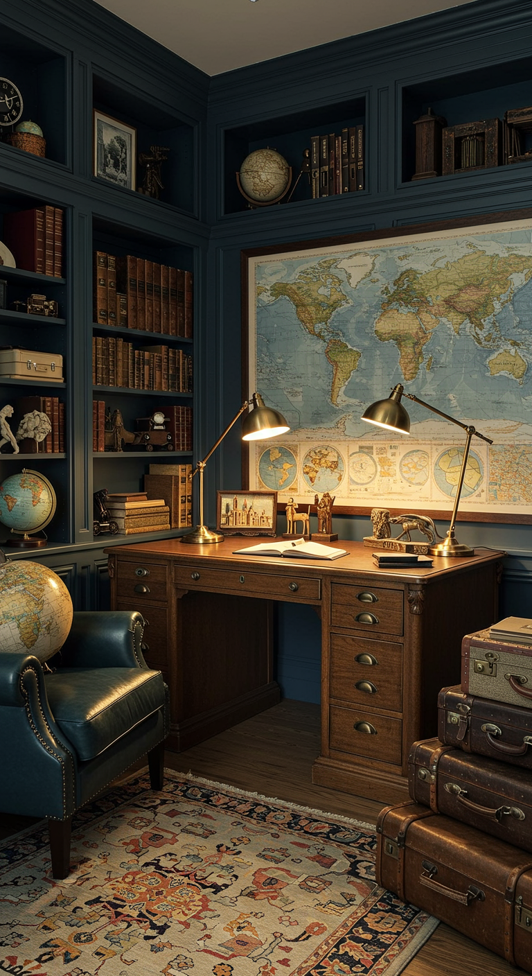 Klassisches Arbeitszimmer mit Globus, Weltkarte und dunklen Holzmöbeln.