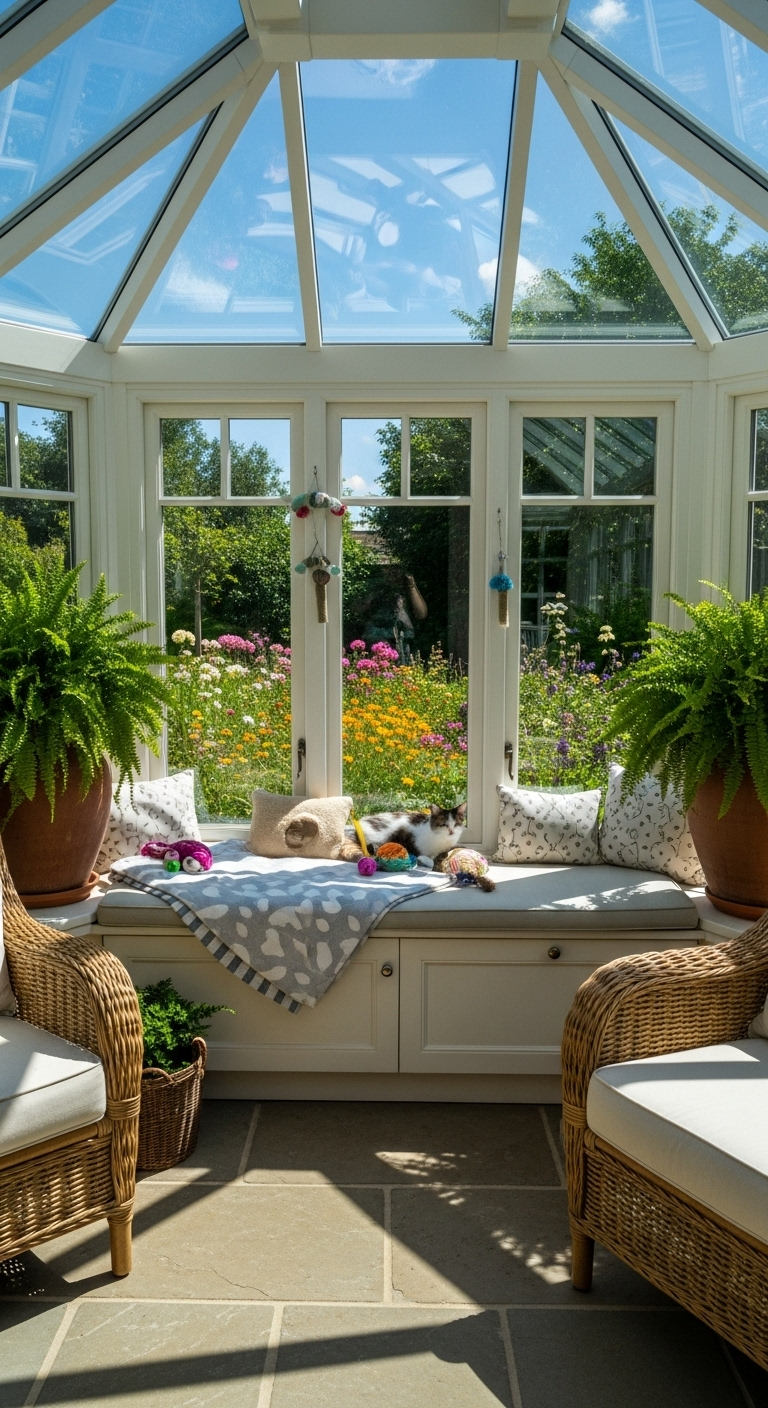 Katze auf gepolsterter Fensterbank im lichtdurchfluteten Wintergarten mit Gartenblick.
