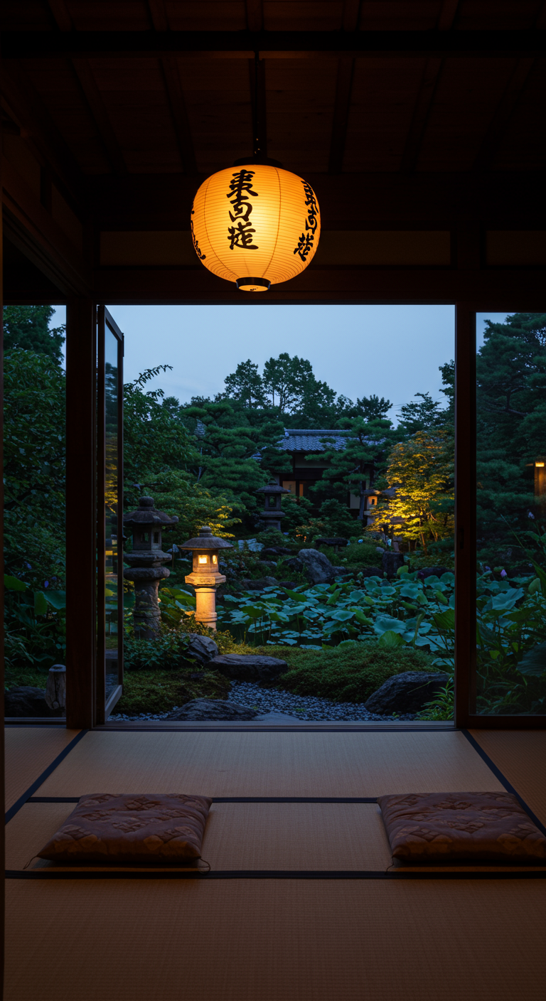 Blick aus einem Raum mit Tatami-Matten durch offene Türen in einen japanischen Garten mit Steinlaternen.