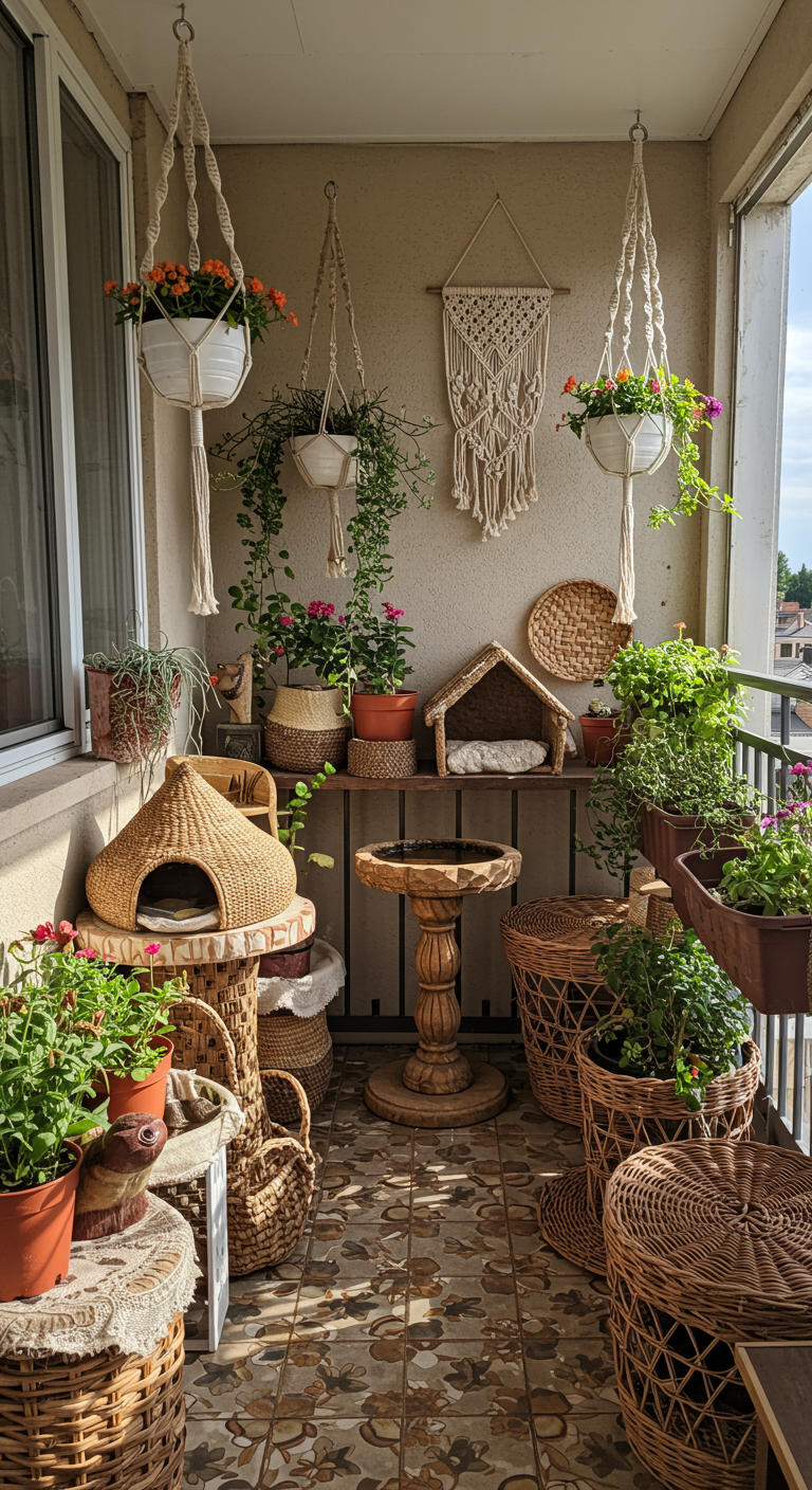 Boho-inspirierter Balkon mit Rattanmöbeln, Hängekörben, Vogeltränke und vielen Pflanzen.