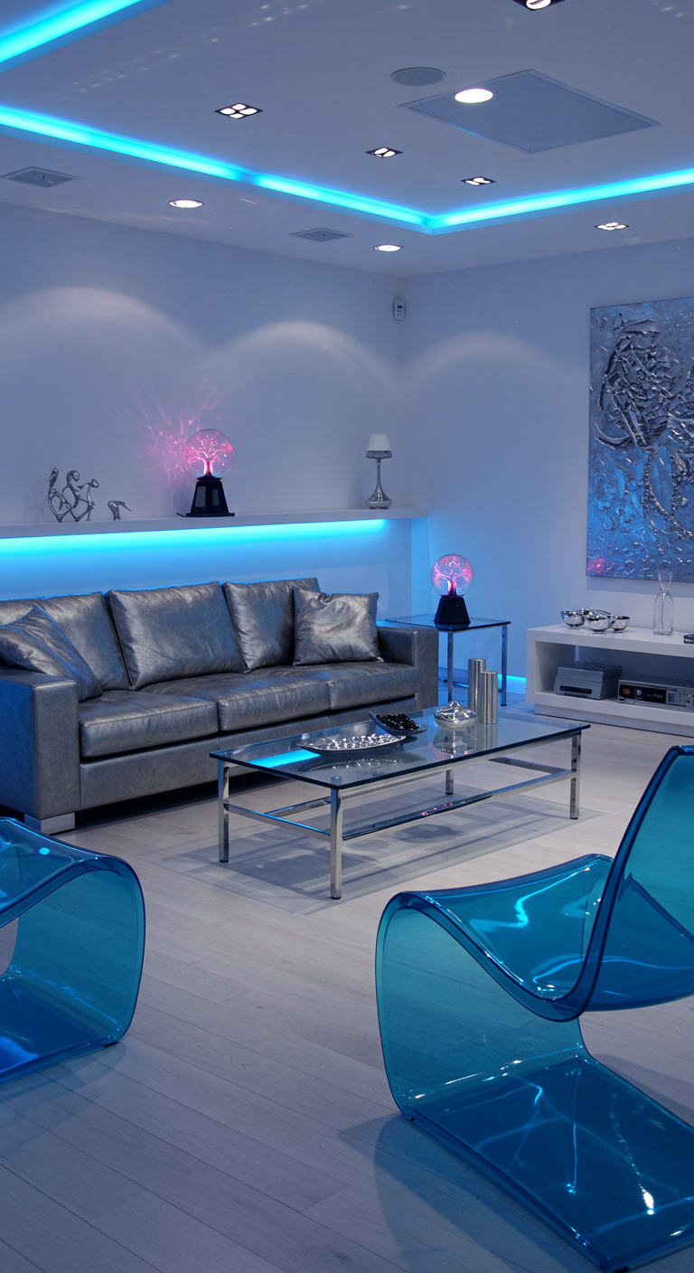 Modernes Wohnzimmer mit blauer LED-Beleuchtung, silbernem Sofa und Plasma-Kugeln.