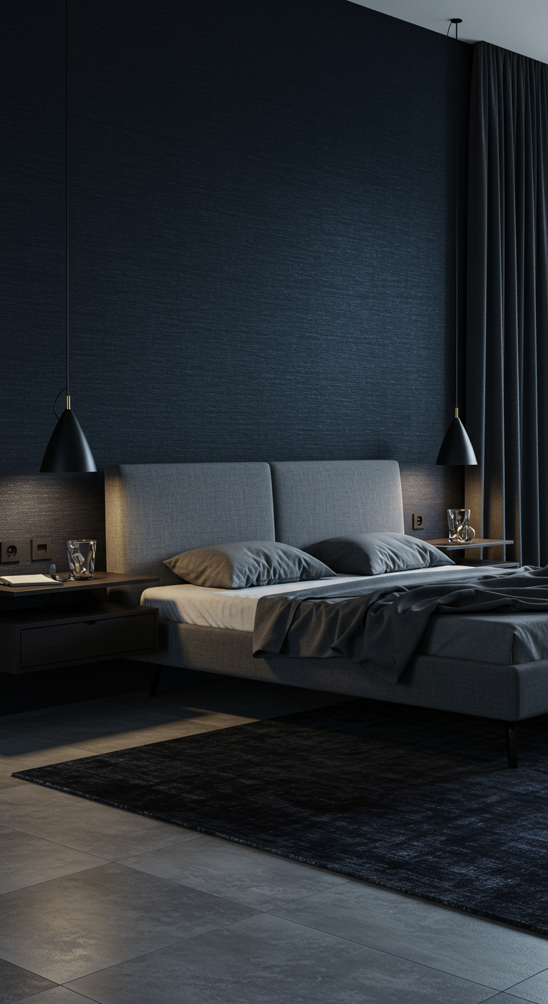 Sehr dunkles, minimalistisches Schlafzimmer in Blau-Schwarz mit Strukturtapete.