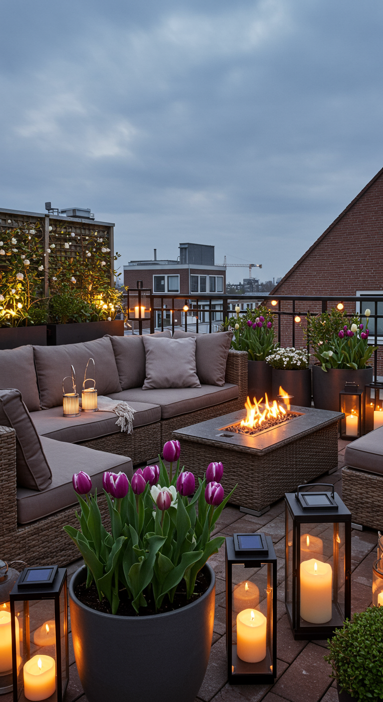 Dachterrasse mit Rattan-Lounge, Feuertisch, Tulpen in Kübeln und vielen Kerzen.