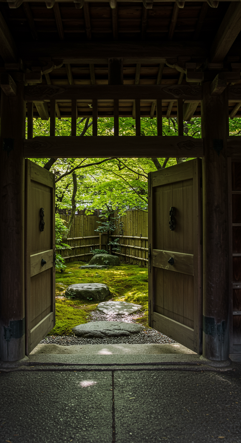 Blick durch ein geöffnetes Holztor in einen japanischen Garten mit Moos und Steinen.
