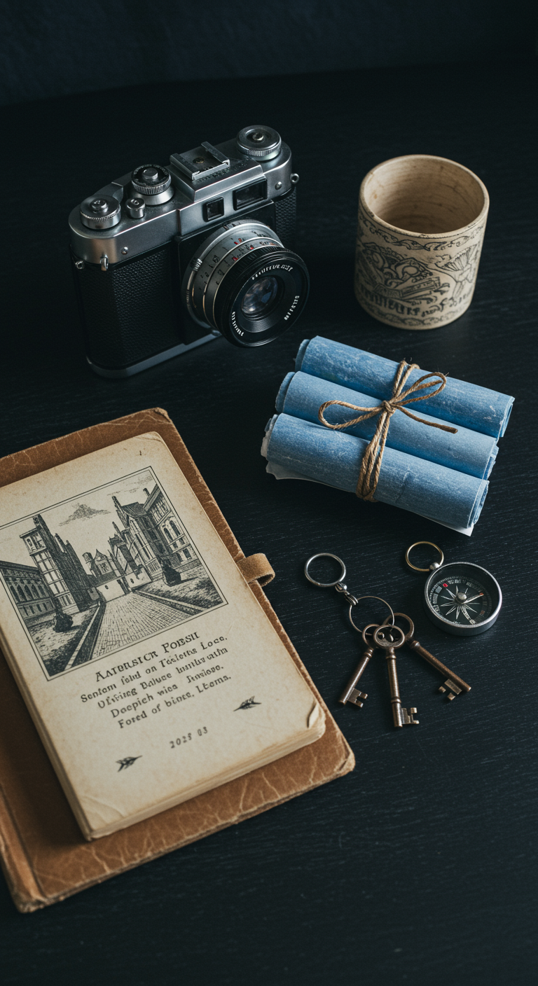 Arrangement mit alter Kamera, Notizbuch, gerollten Karten, Kompass, Schlüsseln.