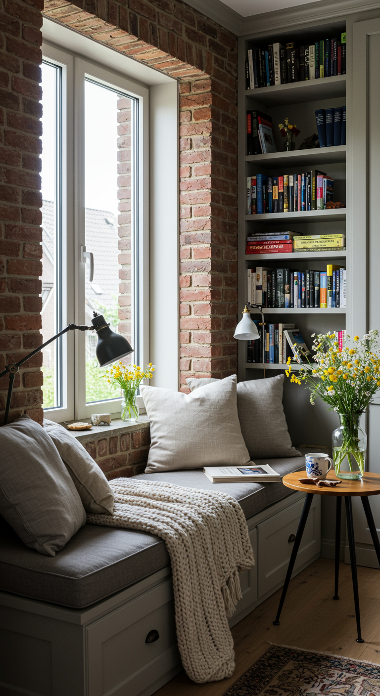 Gemütliche Leseecke am Fenster mit Backstein, Sitzbank und Bücherregal.