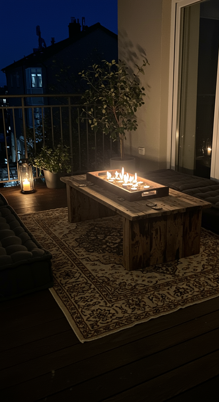 Balkon mit dunkler Bambusmatte als Sichtschutz am Geländer.