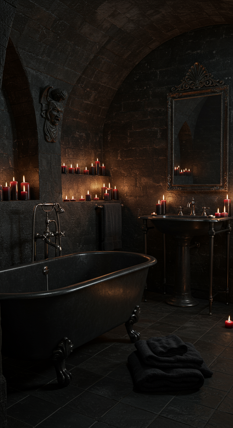 Düsteres Badezimmer mit schwarzer Badewanne und vielen Kerzen.