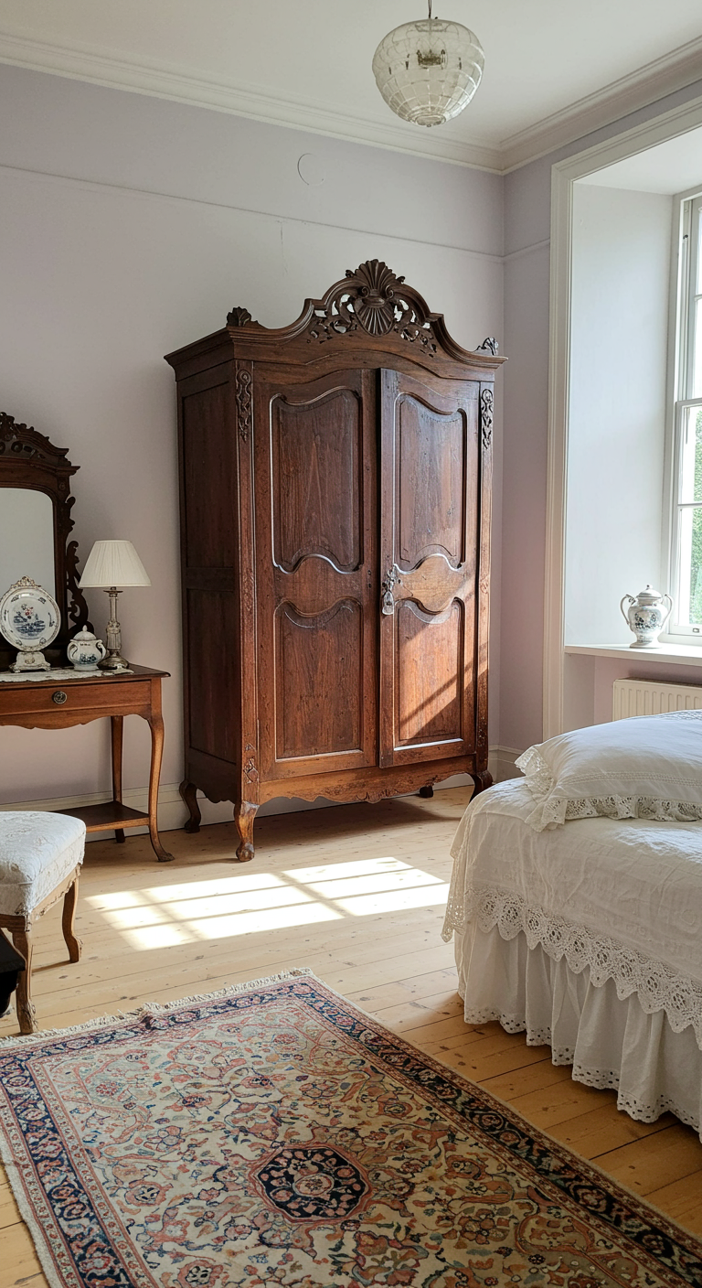 Schlafzimmer mit zartlila Wänden, großem antiken Holzschrank und Perserteppich.