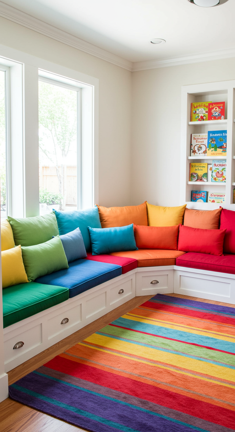 Große, L-förmige Fenstersitzbank mit bunten Polstern und Regenbogen-Teppich.