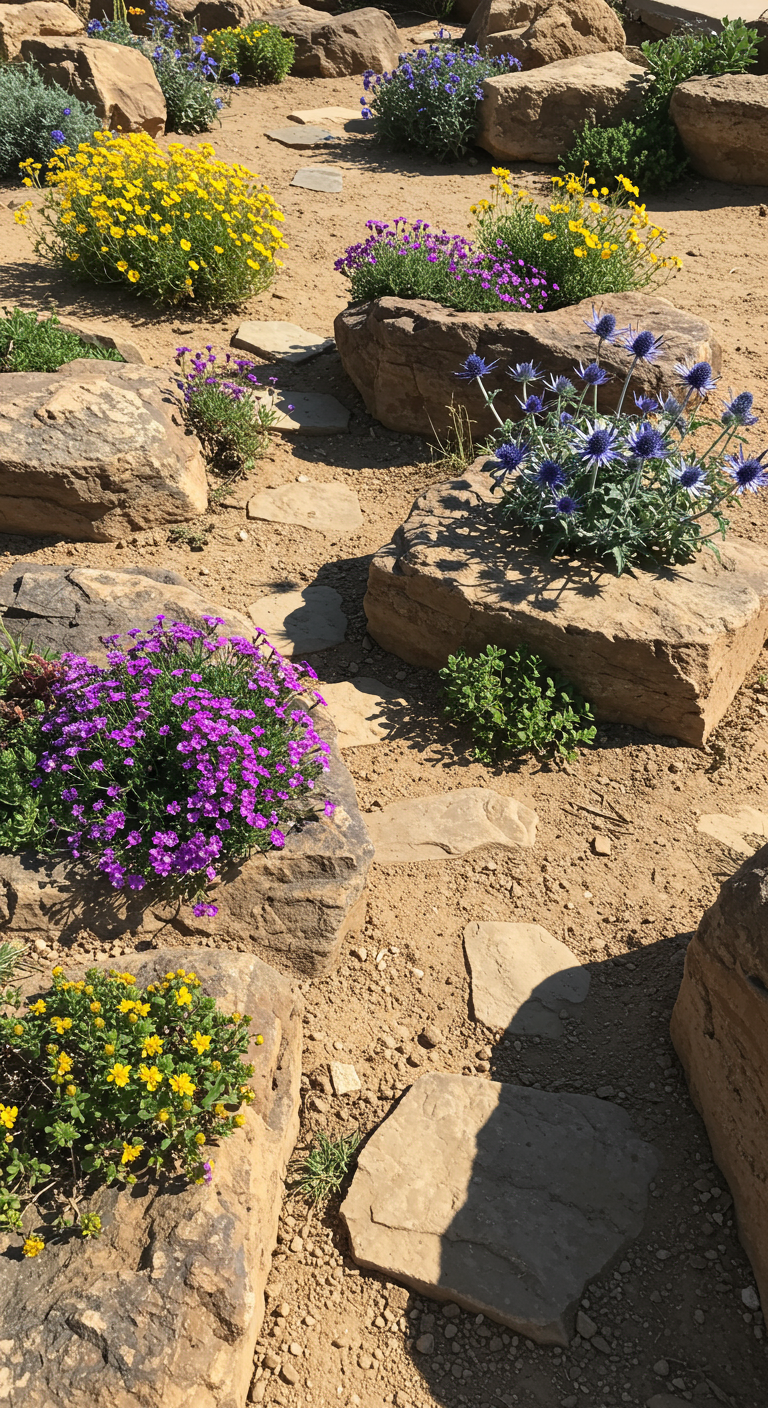 Steingarten mit blühenden Pflanzen wie violettem Polsterphlox und gelben Sedum