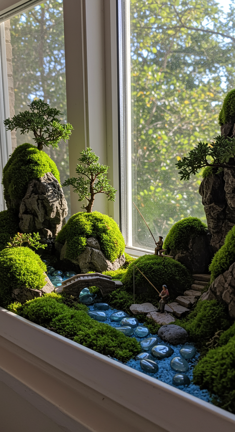 Detailreiche Miniaturlandschaft auf Fensterbank mit Moos, Felsen, Brücke und Anglerfiguren.
