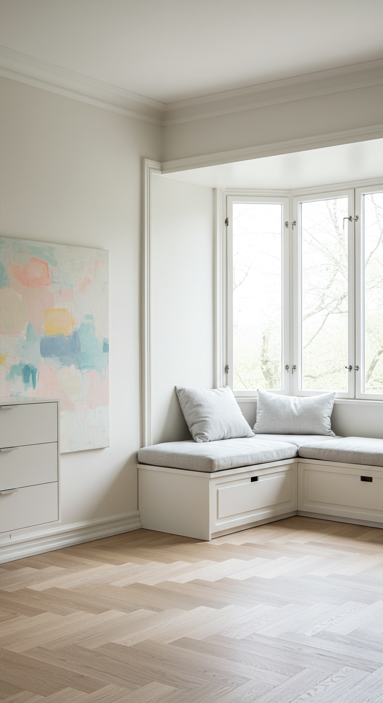 Helle Fensternische mit eingebauter Sitzbank, Polstern und Kissen.