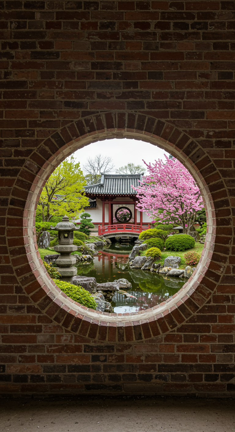Blick durch ein rundes Fenster in einer Ziegelmauer auf einen japanischen Garten.