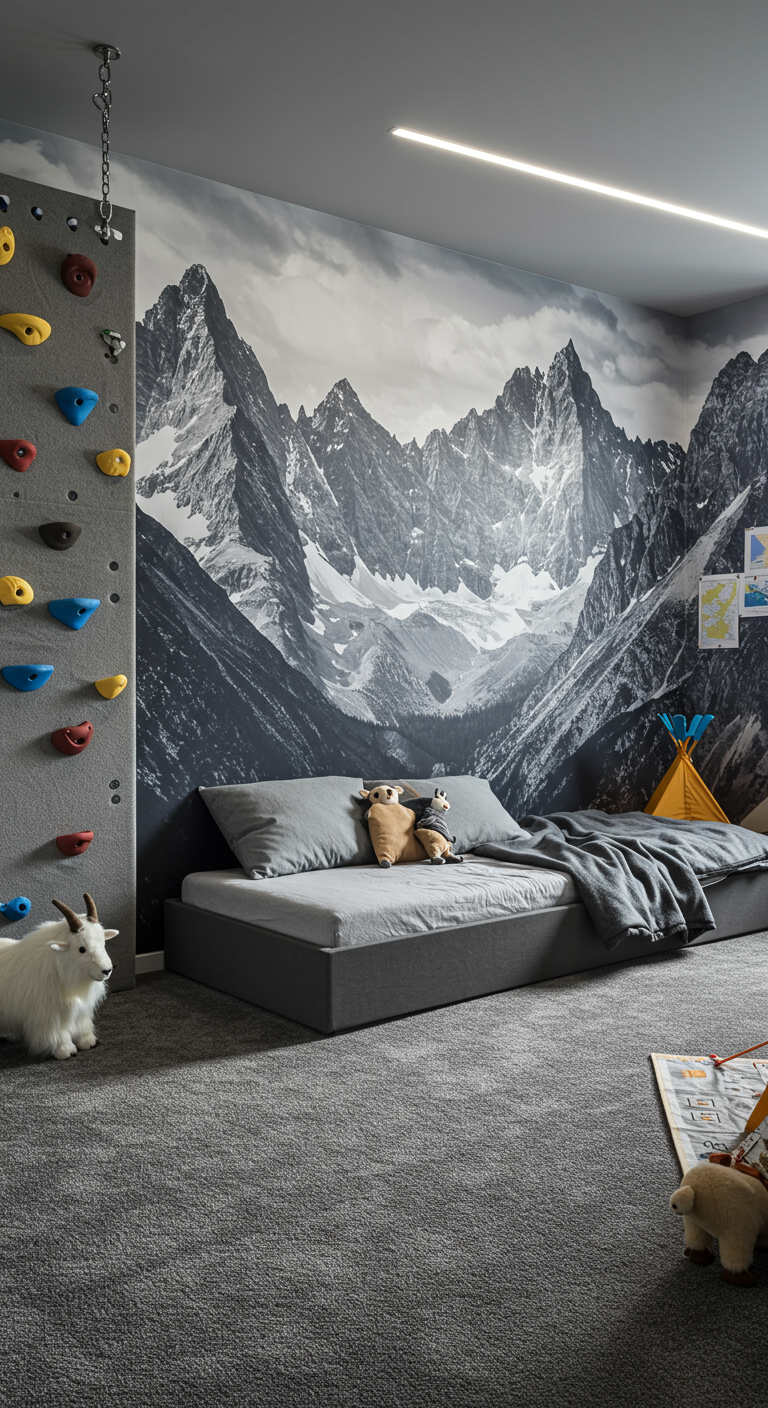 Modernes Kinderzimmer mit Bergpanorama-Fototapete und Klettergriffen.