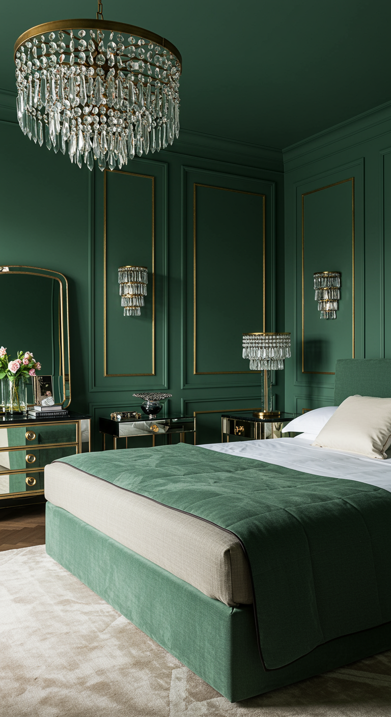Luxuriöses Schlafzimmer in Smaragdgrün mit Goldakzenten und Kristallleuchter.