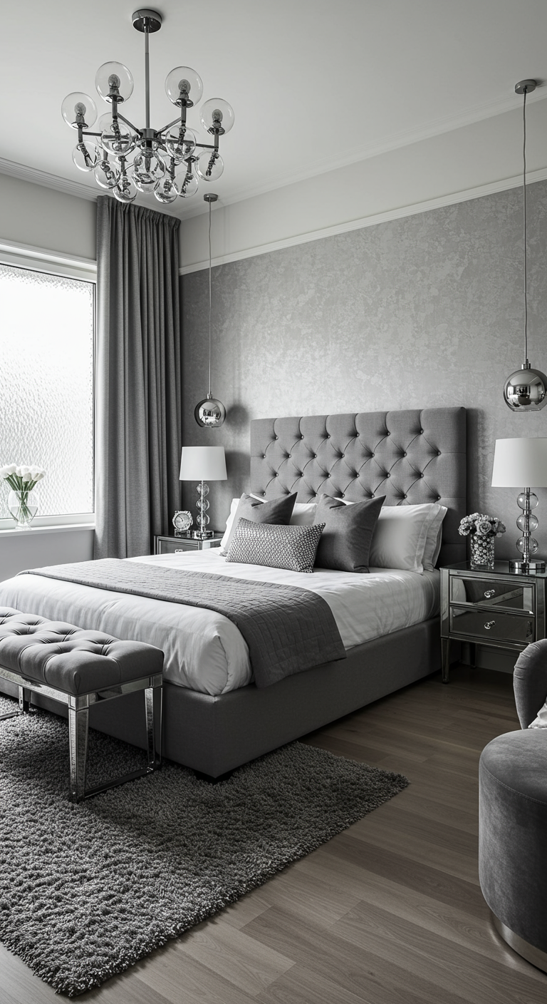 Elegantes graues Schlafzimmer mit getuftetem Bett und Spiegelmöbeln.