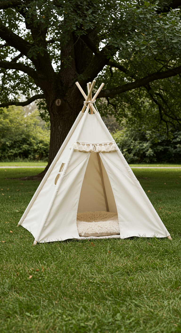 Cremefarbenes Boho-Tipi mit Quasten und Holzstangen auf grünem Rasen.